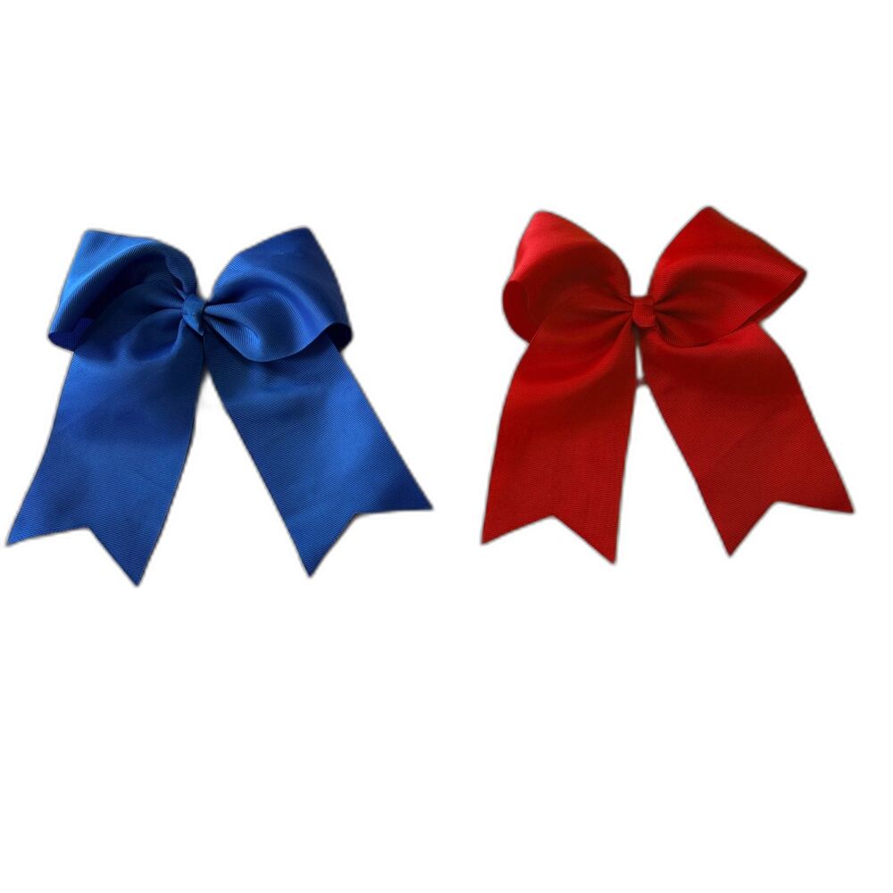 Lot of 2 Large Cheer Bows Red and Royal Blue Grosgrain Ribbon Ponytail Holders